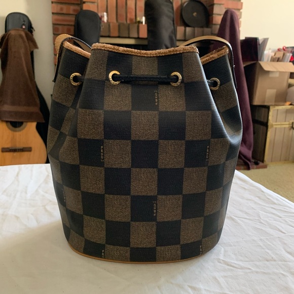 FENDI Bucket Drawstring Checkered Canvas Crossbody - Picture 2 of 8